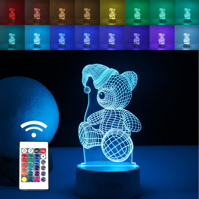 Lampa LED decorativa, Flippy, 3D, Urs cu palarie, cu telecomanda, doua moduri de alimentare USB si baterii, 20 cm inaltime, din material acril si lumina multicolora, alb [1]