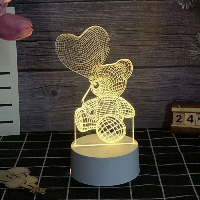 Lampa LED decorativa, Flippy, 3D, Ursulet cu balon inima, cu telecomanda, doua moduri de alimentare USB si baterii, 20 cm inaltime, din material acril si lumina multicolora, alb [2]