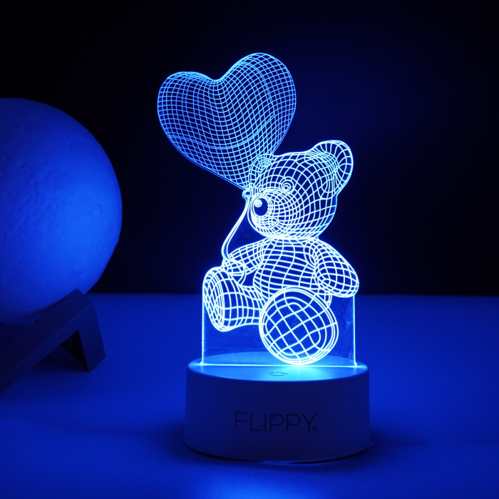 Lampa LED decorativa, Flippy, 3D, Ursulet cu balon inima, cu telecomanda, doua moduri de alimentare USB si baterii, 20 cm inaltime, din material acril si lumina multicolora, alb [4]