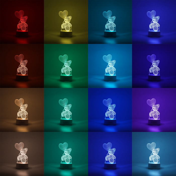 Lampa LED decorativa, Flippy, 3D, Ursulet cu balon inima, cu telecomanda, doua moduri de alimentare USB si baterii, 20 cm inaltime, din material acril si lumina multicolora, alb [3]