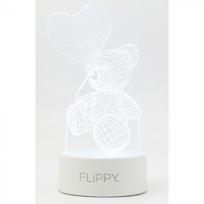 Lampa LED decorativa, Flippy, 3D, Ursulet cu balon inima, cu telecomanda, doua moduri de alimentare USB si baterii, 20 cm inaltime, din material acril si lumina multicolora, alb [6]