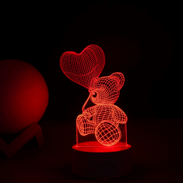 Lampa LED decorativa, Flippy, 3D, Ursulet cu balon inima, cu telecomanda, doua moduri de alimentare USB si baterii, 20 cm inaltime, din material acril si lumina multicolora, alb [5]