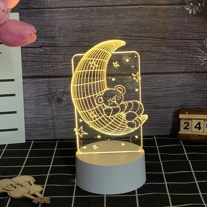 Lampa LED decorativa, Flippy, 3D, Ursulet si Semiluna, cu telecomanda, doua moduri de alimentare USB si baterii, 20 cm inaltime, din material acril si lumina multicolora, alb [5]