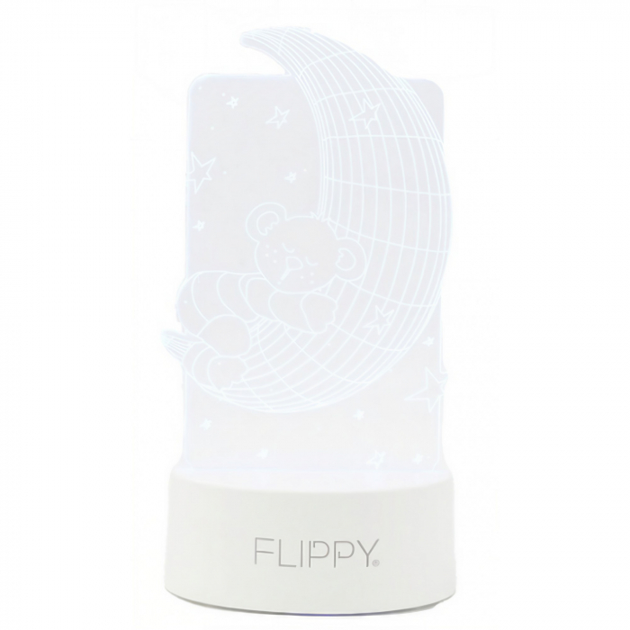 Lampa LED decorativa, Flippy, 3D, Ursulet si Semiluna, cu telecomanda, doua moduri de alimentare USB si baterii, 20 cm inaltime, din material acril si lumina multicolora, alb [9]