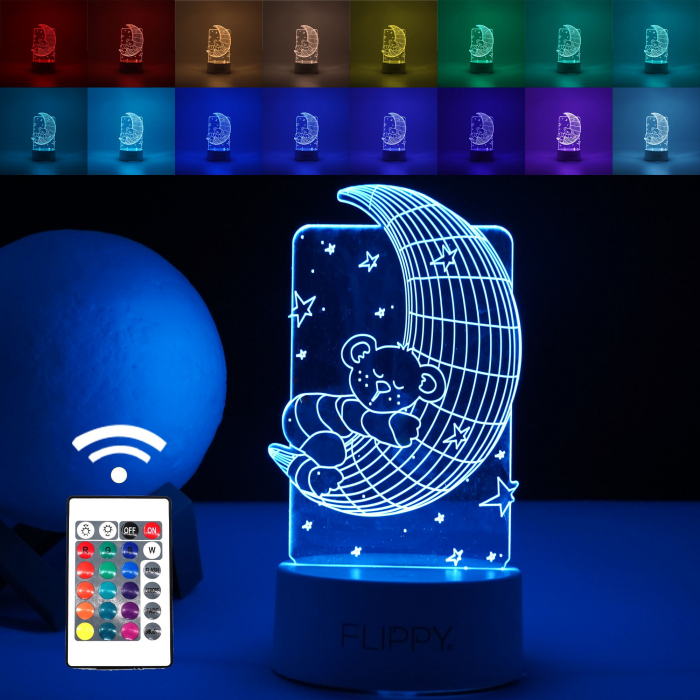 Lampa LED decorativa, Flippy, 3D, Ursulet si Semiluna, cu telecomanda, doua moduri de alimentare USB si baterii, 20 cm inaltime, din material acril si lumina multicolora, alb [1]
