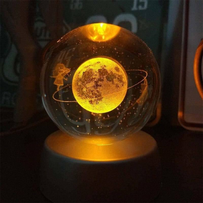 Lampa LED Decorativa, Flippy, cu Bila de Cristal cu Diametru 6cm, Model Cer Instelat 3D, Alimentare USB, Suport din Lemn, Lumina Alb Cald [8]