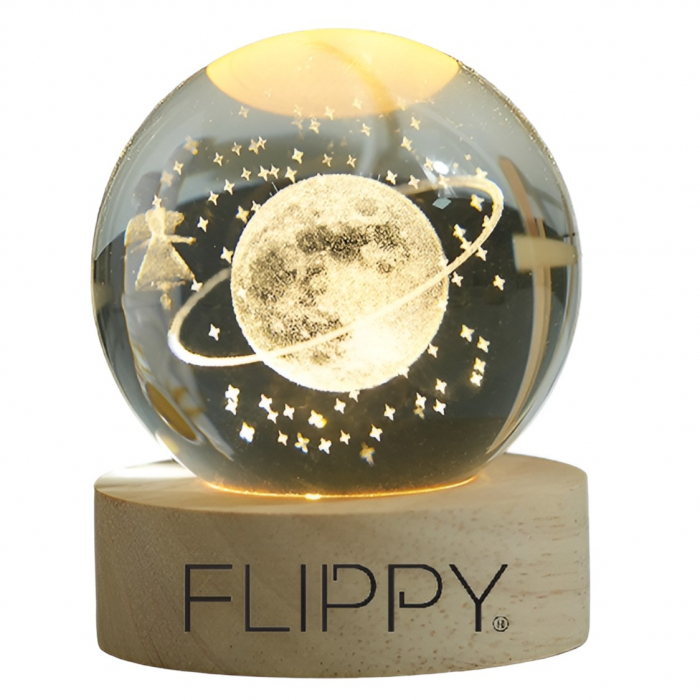 Lampa LED Decorativa, Flippy, cu Bila de Cristal cu Diametru 6cm, Model Cer Instelat 3D, Alimentare USB, Suport din Lemn, Lumina Alb Cald [1]