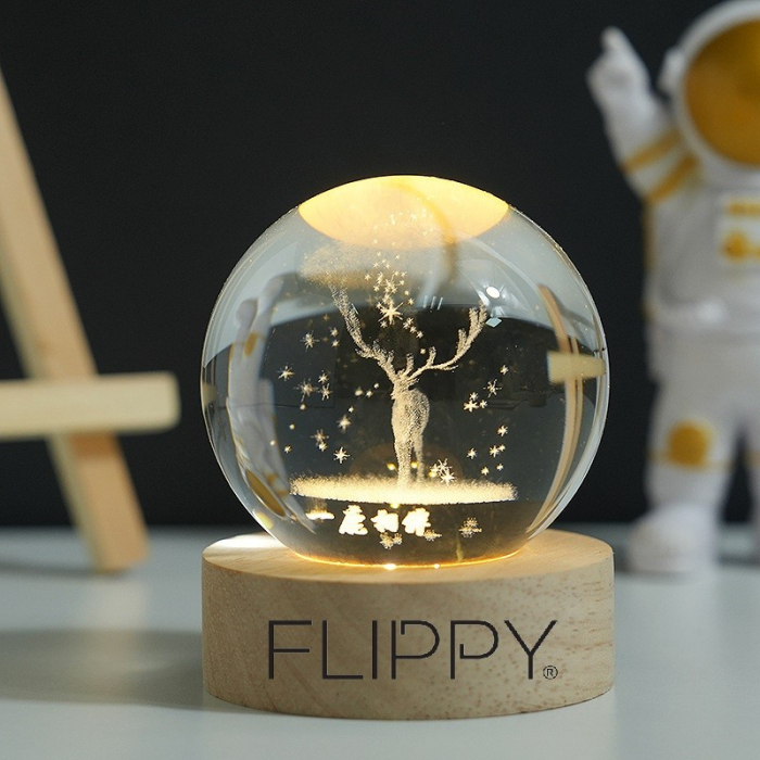 Lampa LED Decorativa, Flippy, cu Bila de Cristal cu Diametru 6cm, Model Cerb 3D, Alimentare USB, Suport din Lemn, Lumina Alb Cald [2]