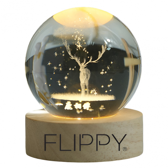Lampa LED Decorativa, Flippy, cu Bila de Cristal cu Diametru 6cm, Model Cerb 3D, Alimentare USB, Suport din Lemn, Lumina Alb Cald [1]