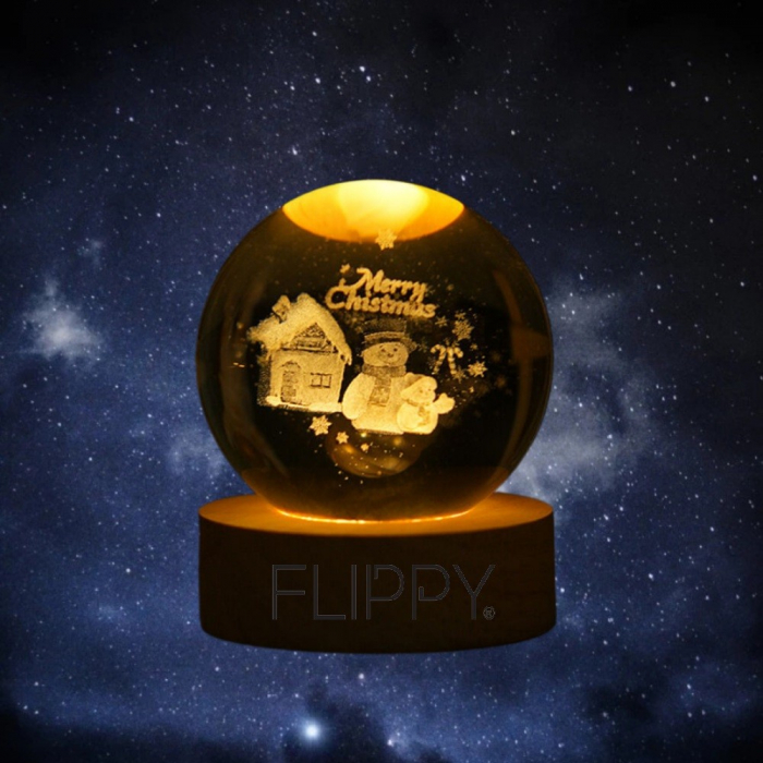 Lampa LED Decorativa, Flippy, cu Bila de Cristal cu Diametru 6cm, Model Merry Christmas 3D, Alimentare USB, Suport din Lemn, Lumina Alb Cald [3]