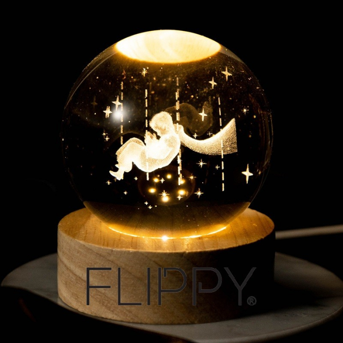 Lampa LED Decorativa, Flippy, cu Bila de Cristal cu Diametru 6cm, Model Micul Print 3D, Alimentare USB, Suport din Lemn, Lumina Alb Cald [2]