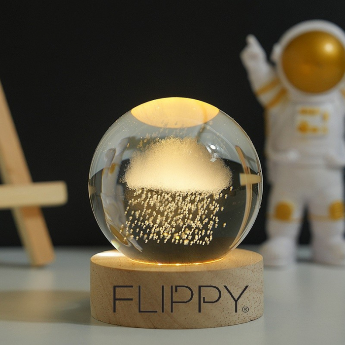 * LICHIDARE STOC * Lampa LED Decorativa, Flippy, cu Bila de Cristal cu Diametru 6cm, Model Nor Ploios 3D, Alimentare USB, Suport din Lemn, Lumina Alb Cald - [3]