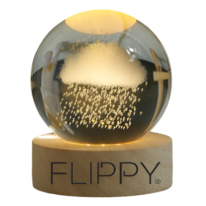 Lampa LED Decorativa, Flippy, cu Bila de Cristal cu Diametru 6cm, Model Nor Ploios 3D, Alimentare USB, Suport din Lemn, Lumina Alb Cald [1]