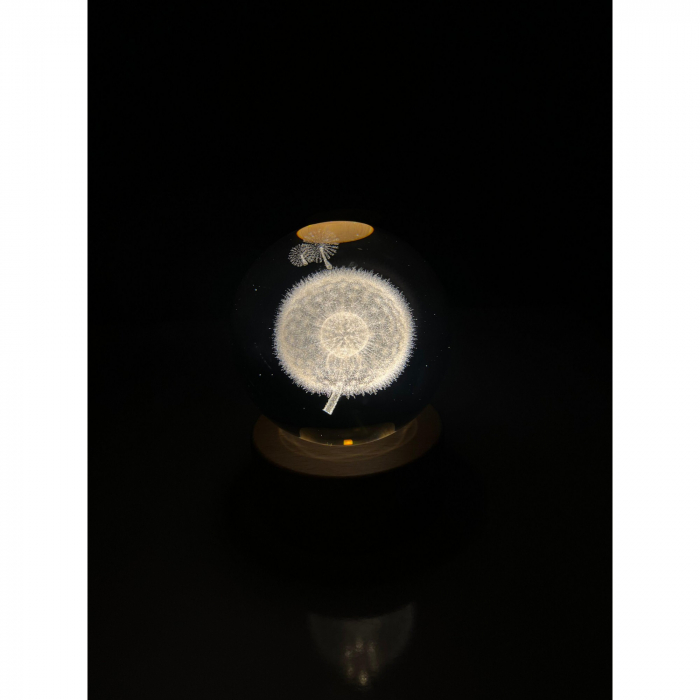 Lampa LED Decorativa, Flippy, cu Bila de Cristal cu Diametru 6cm, Model Papadie 3D, Alimentare USB, Suport din Lemn, Lumina Alb Cald [8]