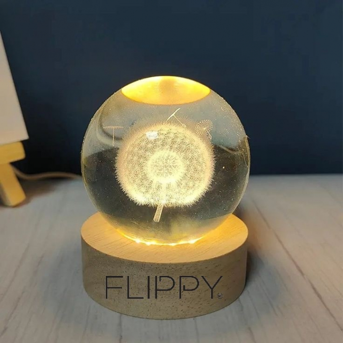 Lampa LED Decorativa, Flippy, cu Bila de Cristal cu Diametru 6cm, Model Papadie 3D, Alimentare USB, Suport din Lemn, Lumina Alb Cald [2]