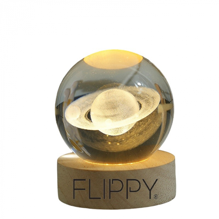 Lampa LED Decorativa, Flippy, cu Bila de Cristal cu Diametru 6cm, Model Saturn 3D, Alimentare USB, Suport din Lemn, Lumina Alb Cald [1]