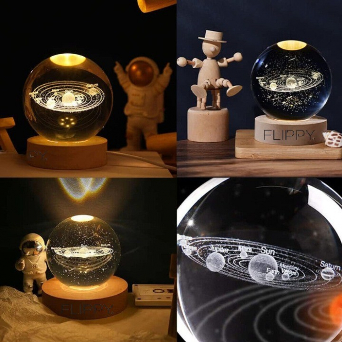 Lampa LED Decorativa, Flippy, cu Bila de Cristal cu Diametru 6cm, Model Sistemul Solar 3D, Alimentare USB, Suport din Lemn, Lumina Alb Cald [2]