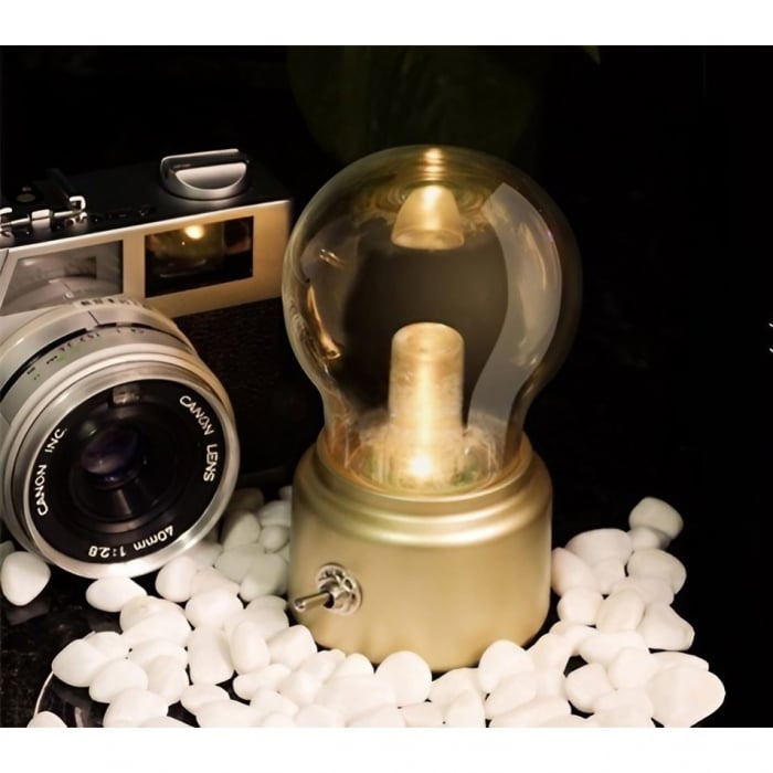 Lampa LED Decorativa sub forma de Bulb, Retro pentru interior, Bej/ Transparent, 5 V, 500 mA, ABS, Lumina Calda, Incarcare USB, Autonimie 12 Ore, Comutator Metalic, Flippy, 11x7x6 cm [4]