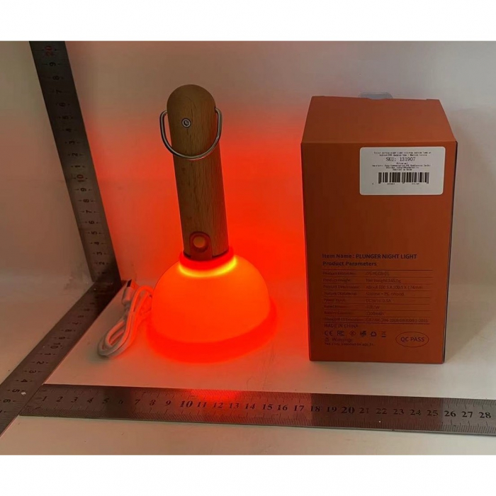 Lampa Nocturna, Flippy, Model Ventuza de Toaleta, Alimentare USB, din Lemn si Silicon, 16 x 9 cm, Portocaliu [2]