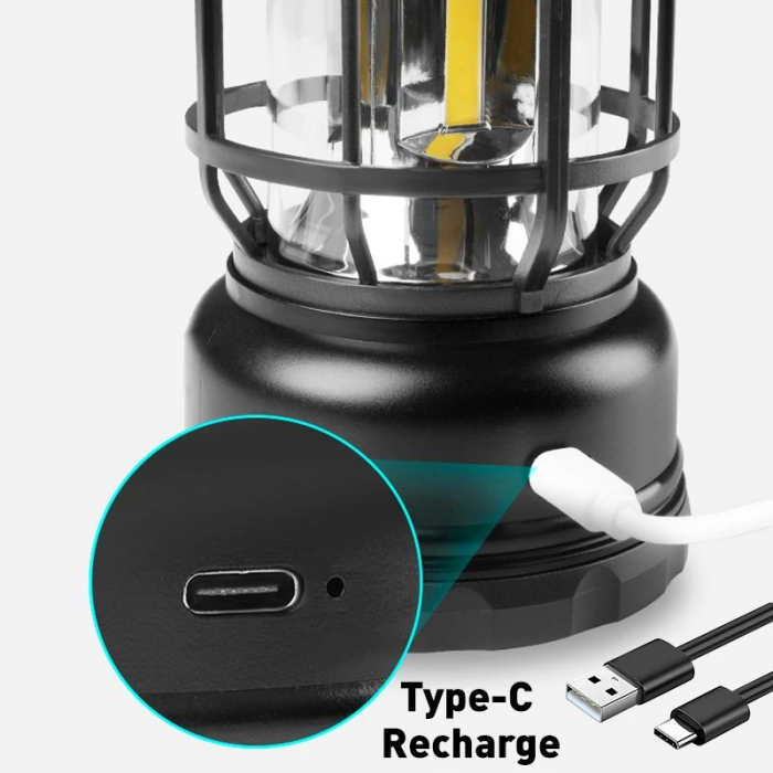 Lampa portabila camping, Felinar Vintage, ABS, Iluminare 30 COB LED, Intensitate reglabila, Acumulator inclus, Incarcare Solara si USB, 5W, Flippy, Negru [4]