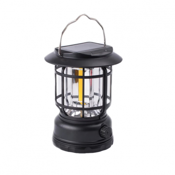 Lampa portabila camping, Felinar Vintage, ABS, Iluminare 30 COB LED, Intensitate reglabila, Acumulator inclus, Incarcare Solara si USB, 5W, Flippy, Negru [2]