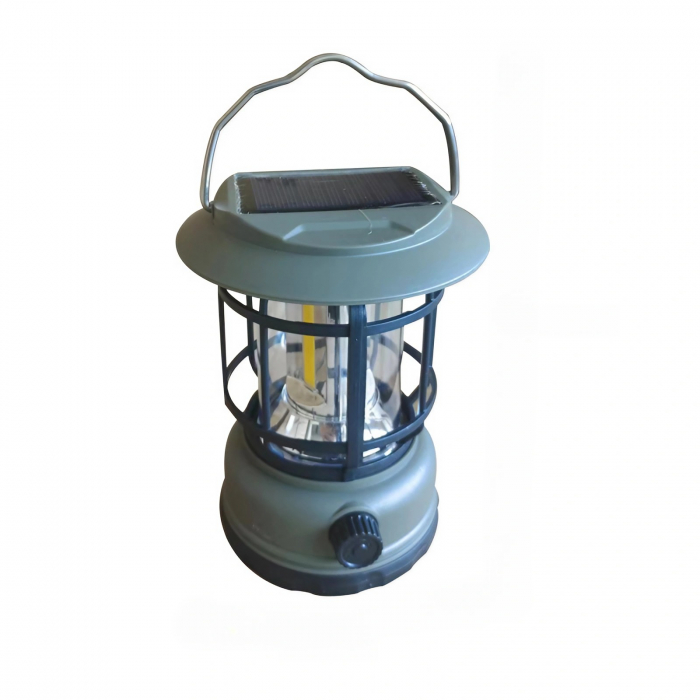 Lampa portabila camping, Felinar Vintage, ABS, Iluminare 30 COB LED, Intensitate reglabila, Acumulator inclus, Incarcare Solara si USB, 5W, Flippy, Verde [1]