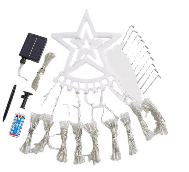 Instalatie solara perdea cu varf stea, 350 led, 9 franjuri, telecomanda, alb rece [2]