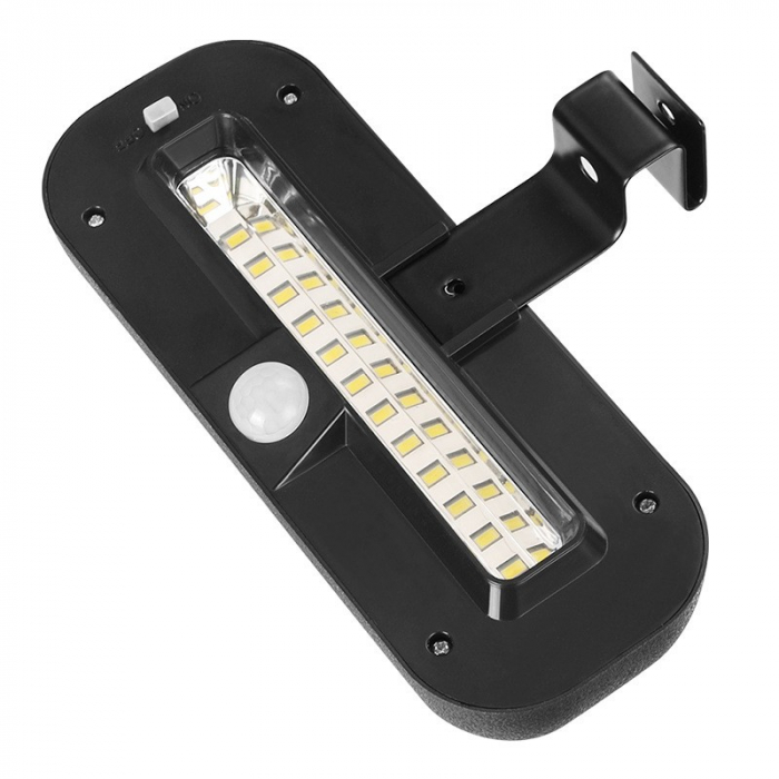 Lampa solara LED dreptunghiulara pentru perete Flippy, 18 x 7 cm, senzor miscare, 6V, ABS, 2200mAh, rezistent la apa, culoare alb rece, suport negru [1]