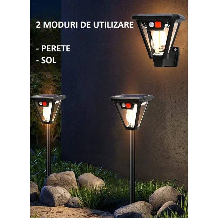 Lampa Solara LED, Flippy, Tip Felinar, pentru Perete/Sol, 10.8 x 12.3 x 46 cm, 3 Moduri, Lumina Calda, din ABS si PP, Negru [6]