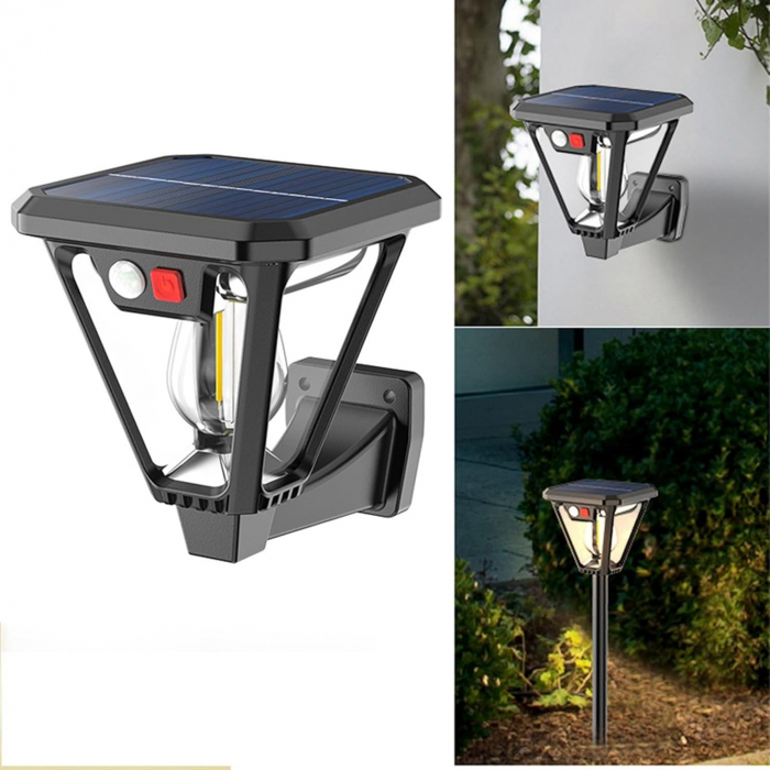 Lampa Solara LED, Flippy, Tip Felinar, pentru Perete/Sol, 10.8 x 12.3 x 46 cm, 3 Moduri, Lumina Calda, din ABS si PP, Negru [9]