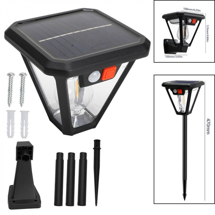 Lampa Solara LED, Flippy, Tip Felinar, pentru Perete/Sol, 10.8 x 12.3 x 46 cm, 3 Moduri, Lumina Calda, din ABS si PP, Negru [10]