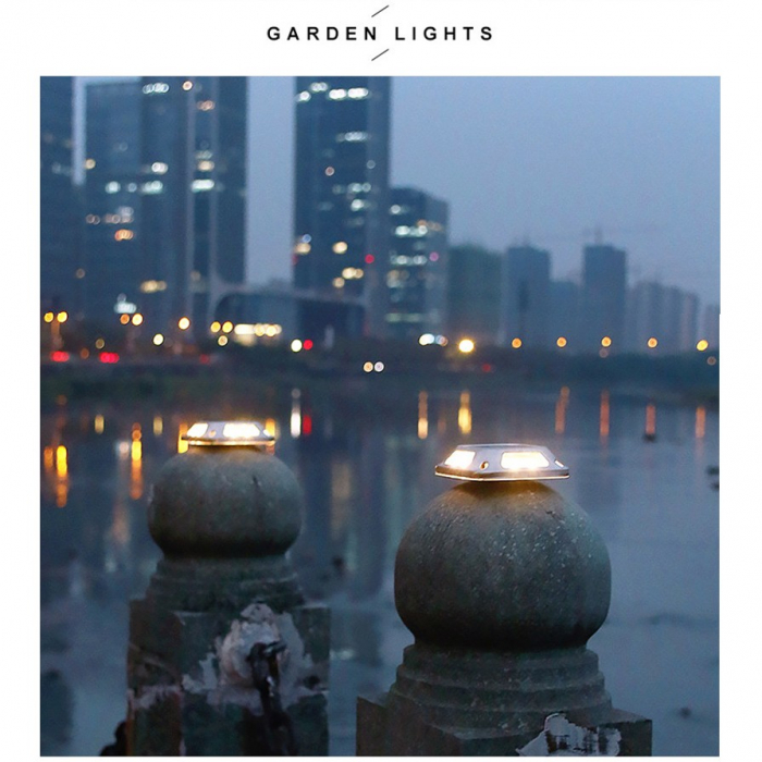 Lampa solara LED pentru gradina Flippy, 8 LED-uri, prindere de perete sau impamantare, IP65, forma patrat, material ABS si Policarbonat, 9 x 9 cm, baterie 1.2V, 600 mah, alb cald [2]