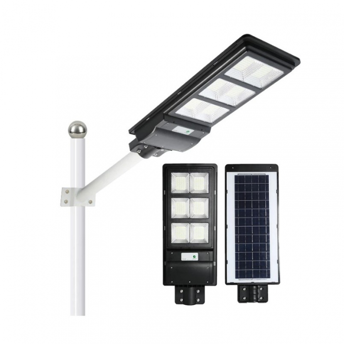 Lampa solara stradala Flippy, cu telecomanda, senzor de miscare si lumina, suport prindere, 135 LED-uri, IP65, ABS, 8AH, 100W, temperatura culoare 6500K, 48.5x22x6.8 cm, autonomie 10-12 ore, negru [1]