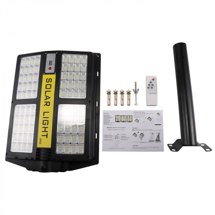 Lampa solara stradala Flippy, cu telecomanda, senzor de miscare si lumina, suport prindere, 280 LED-uri, IP65, ABS, 12AH, 500W, temperatura culoare 6500K, 44.5x37.7x6.6 cm, autonomie 10-12 ore, negru [3]