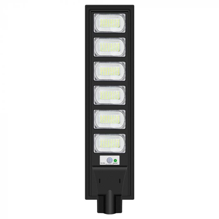 Lampa solara stradala Flippy, cu telecomanda, senzor de miscare si lumina, suport prindere, 288 LED-uri, IP65, ABS, 15AH, 300W, temperatura culoare 6500K, 79x18.8x5 cm, autonomie 10-12 ore, negru [1]