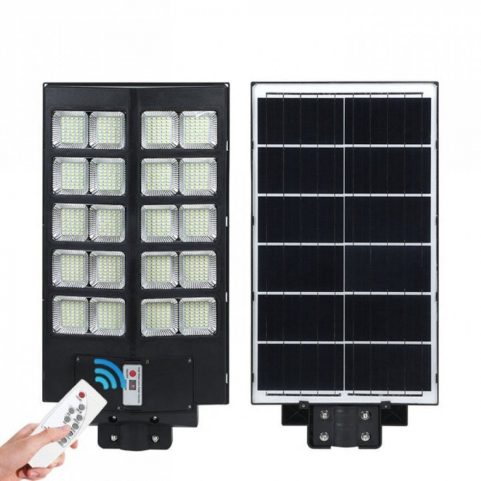 Lampa solara stradala Flippy, cu telecomanda, senzor de miscare si lumina, suport prindere, 800 LED-uri, IP65, ABS, 25AH, 500W, temperatura culoare 6500K, 67.6x34.8x7.2 cm, autonomie 10-12 ore, negru [2]