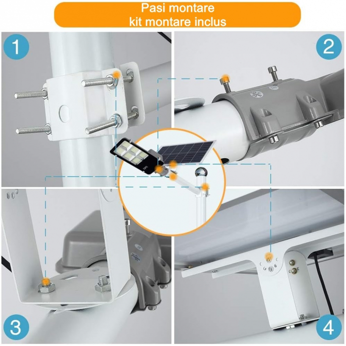 Lampa solara stradala Flippy, IP65, senzor de lumina, 417 LED-uri SMD, 24000 lm, 300W, autonomie 12-16 ore, telecomanda, montare prin fixare, pentru strada sau gradina, finisaj lucios, material ABS, 4 [5]