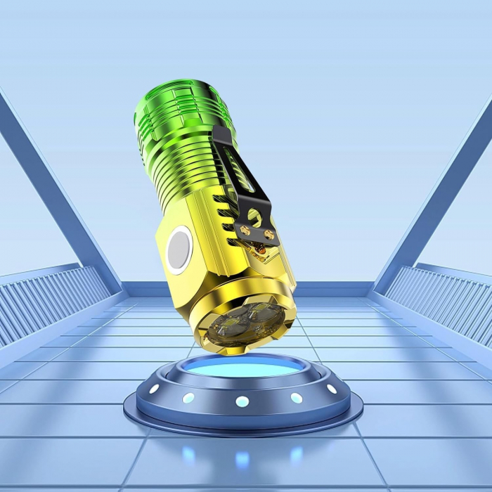 Lanterna cu 3 Nuclee Led, Flippy, Incarcare USB, Autonomie 4-20h, Raza Maxima 100-200 m, 5W, 4 x 4 x 9 cm, Suport de Agatat, Fund Magnetic, Galben/Verde [2]