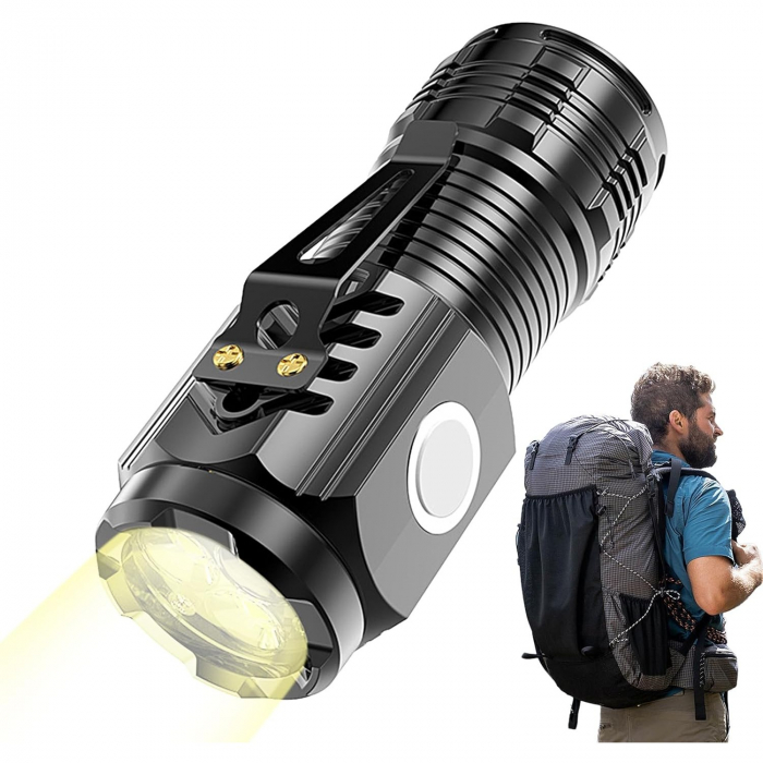 Lanterna cu 3 Nuclee Led, Flippy, Incarcare USB, Autonomie 4-20h, Raza Maxima 100-200 m, 5W, 4 x 4 x 9 cm, Suport de Agatat, Fund Magnetic, Negru [2]