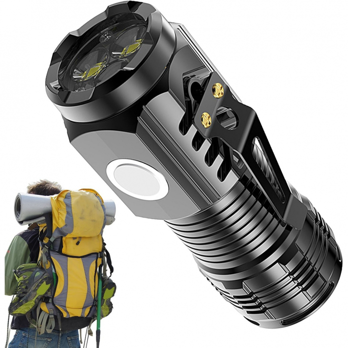Lanterna cu 3 Nuclee Led, Flippy, Incarcare USB, Autonomie 4-20h, Raza Maxima 100-200 m, 5W, 4 x 4 x 9 cm, Suport de Agatat, Fund Magnetic, Negru [3]
