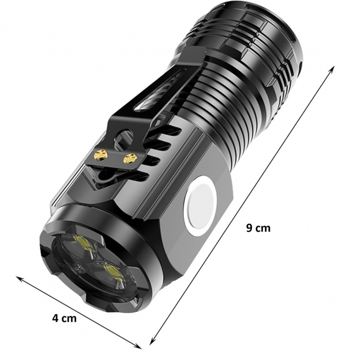 Lanterna cu 3 Nuclee Led, Flippy, Incarcare USB, Autonomie 4-20h, Raza Maxima 100-200 m, 5W, 4 x 4 x 9 cm, Suport de Agatat, Fund Magnetic, Negru [6]