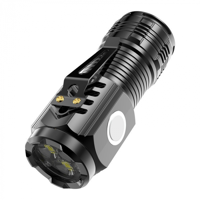 Lanterna cu 3 Nuclee Led, Flippy, Incarcare USB, Autonomie 4-20h, Raza Maxima 100-200 m, 5W, 4 x 4 x 9 cm, Suport de Agatat, Fund Magnetic, Negru [1]