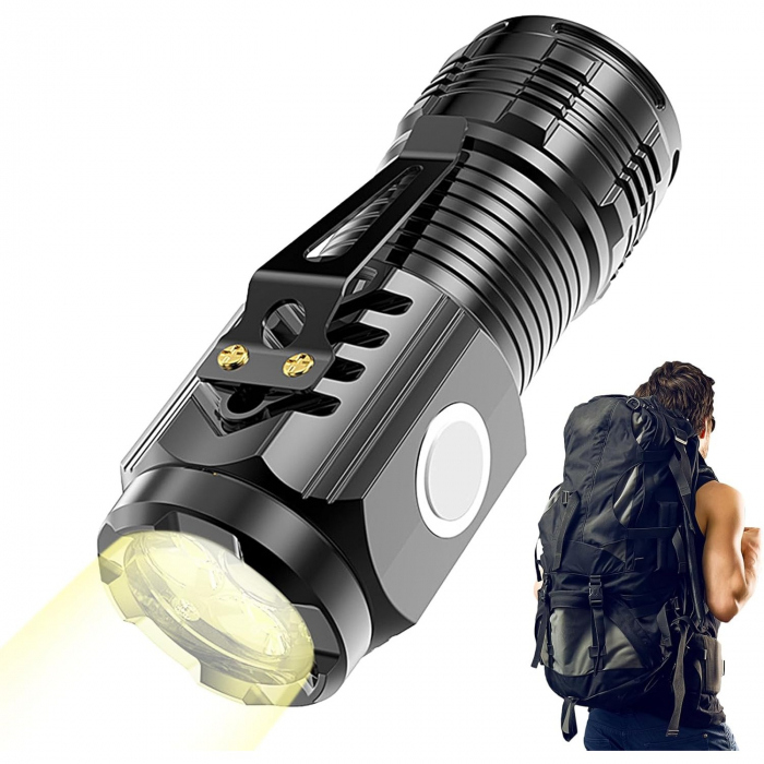 Lichidare Lanterna cu 3 Nuclee Led, Flippy, Incarcare USB, Autonomie 4-20h, Raza Maxima 100-200 m, 5W, 4 x 4 x 9 cm, Suport de Agatat, Fund Magnetic, Negru Galvanizat [5]