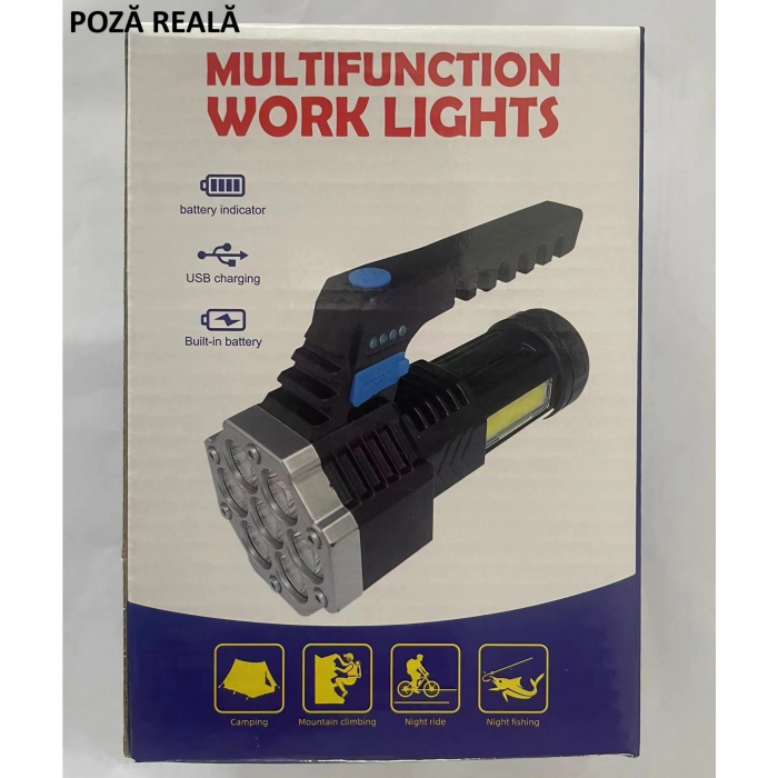Lanterna LED Lumina Puternica, Rezistenta la Apa, Tip Proiector COB, Flippy, Lanternă Reincarcabila, USB, cu Maner pentru Drumetii, Lanterna de Urgenta, Aer Liber, 14.1 x 6.4 cm, Culoare Negru cu Comu [7]