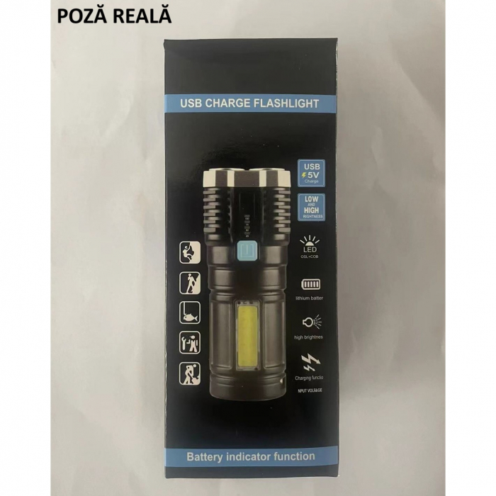 Lanterna LED Tactica 2 in 1, Flippy, 4 Moduri de Iluminare, Tip Proiector COB, Rezistenta la Apa, Reincarcabila, USB, Lanterna de Drumetii, 13.6 x 5 cm, Negru [10]