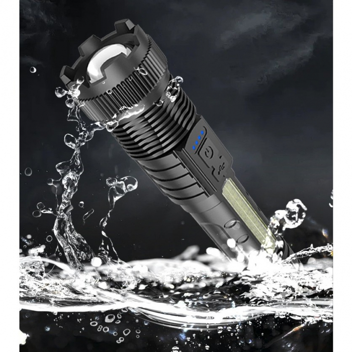 Lanterna LED Telescopica, Flippy, Incarcare USB, Raza 200 m, 100W, 2 Surse de Lumina, 1200 mAh, Model P50, 16 x 3.8 x 3 cm, Negru [3]