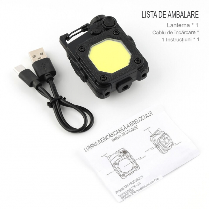 * LICHIDARE STOC * Lanterna Mini de Buzunar Tip Breloc, Flippy, Incarcare prin USB Type C, Multifunctionala, pentru Exterior, Camping, Alpinism, Ciclism, Mini Lanterna Elvis, 6.1 x 5 x 2.5 cm, Lumina  [3]