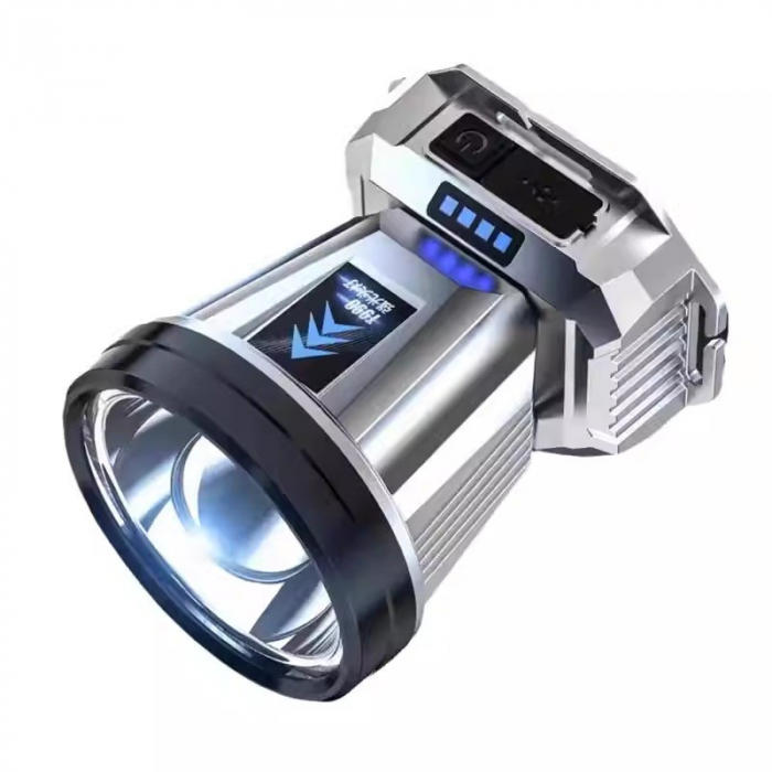 Lichidare Lanterna Power Bank LED, Flippy, cu Suport pentru Cap, Incarcare USB, Raza 100-200m, 5W, 3 Trepte de Lumina, Afisaj Baterie, Argintiu [1]