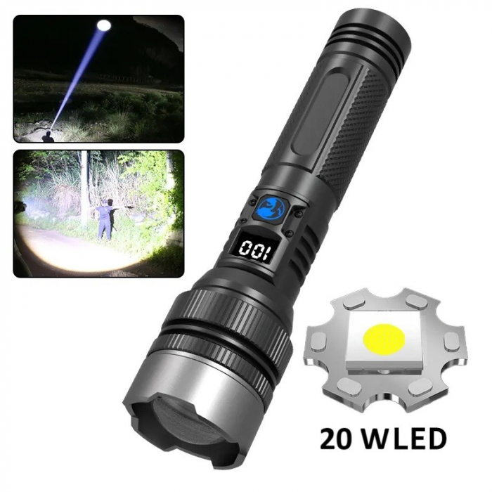 Lanterna Power Bank LED, Flippy, Incarcare USB, Raza 200m, 10W, Model T6 Telescopic, Functie Zoom si Incarcare Telefon, 1800 mAh, Negru [6]