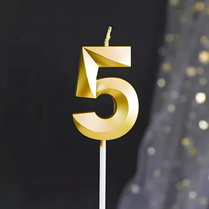 Lumanare Cifra 5, Flippy, Model Diamond, 5 x 3.4 cm, Auriu [5]